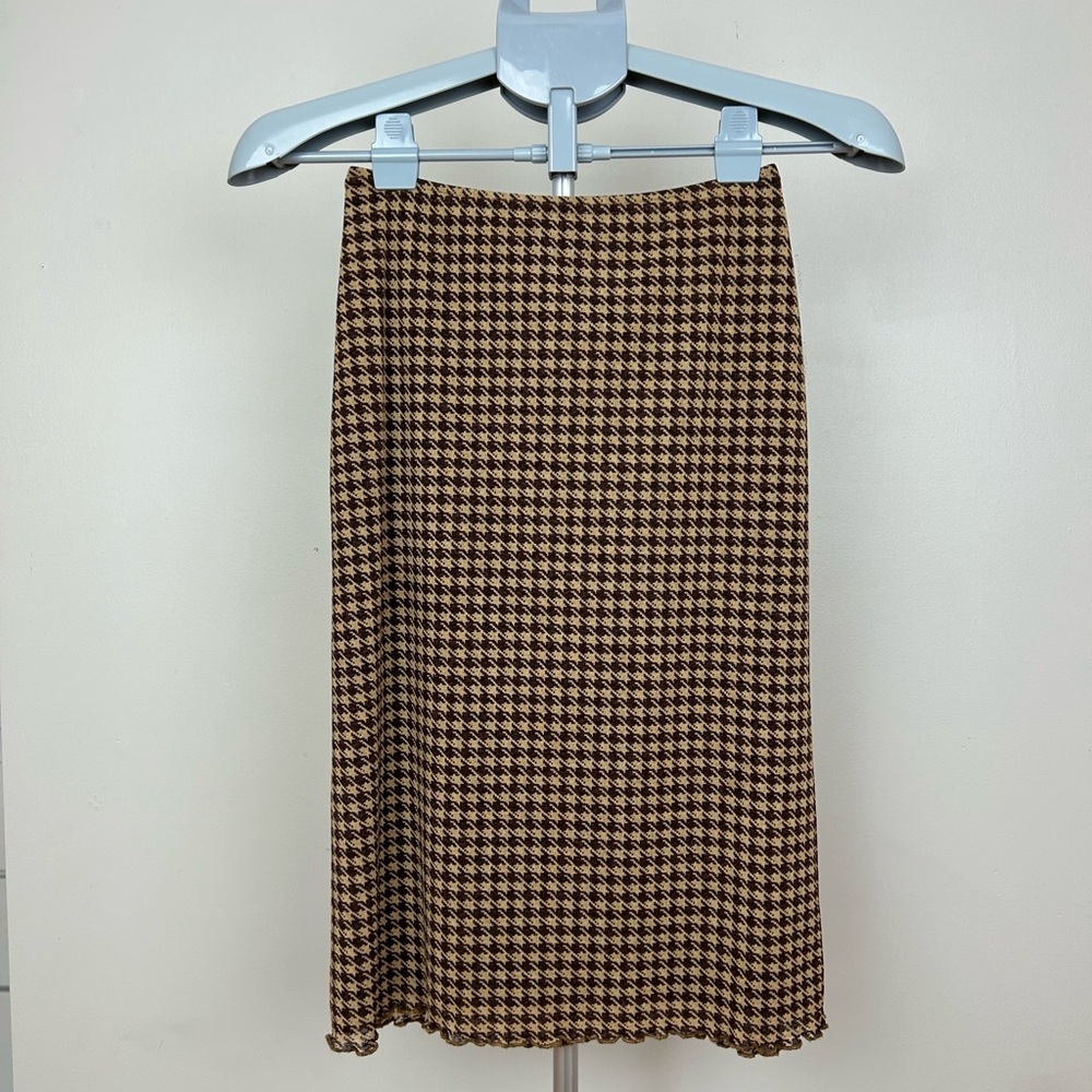 Vintage Houndstooth Print Checkered Plaid Brown Tan Midi Pencil Skirt